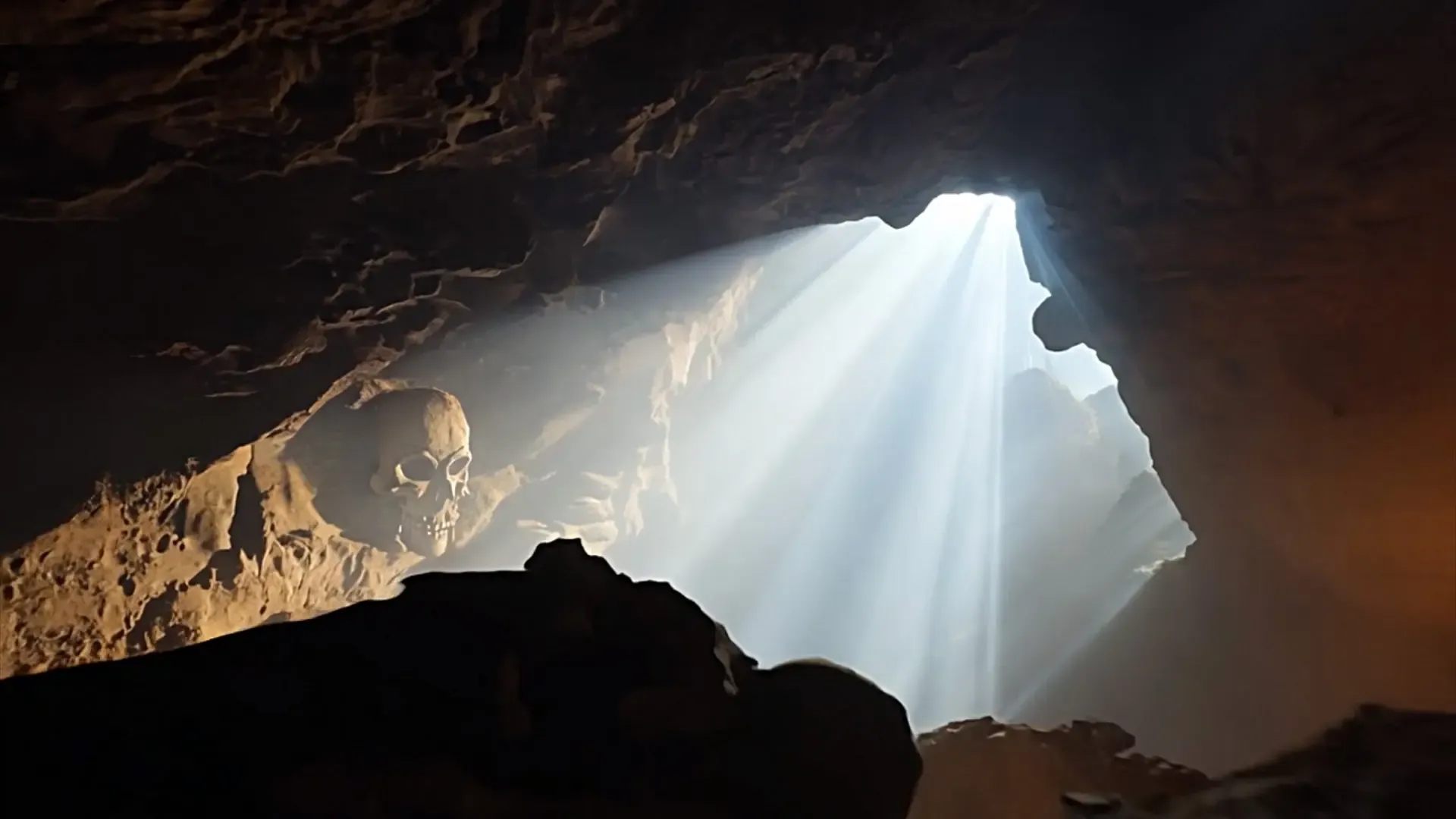 Mystical Skull Cave with Light Beam Background for Dark Theme Title Animation